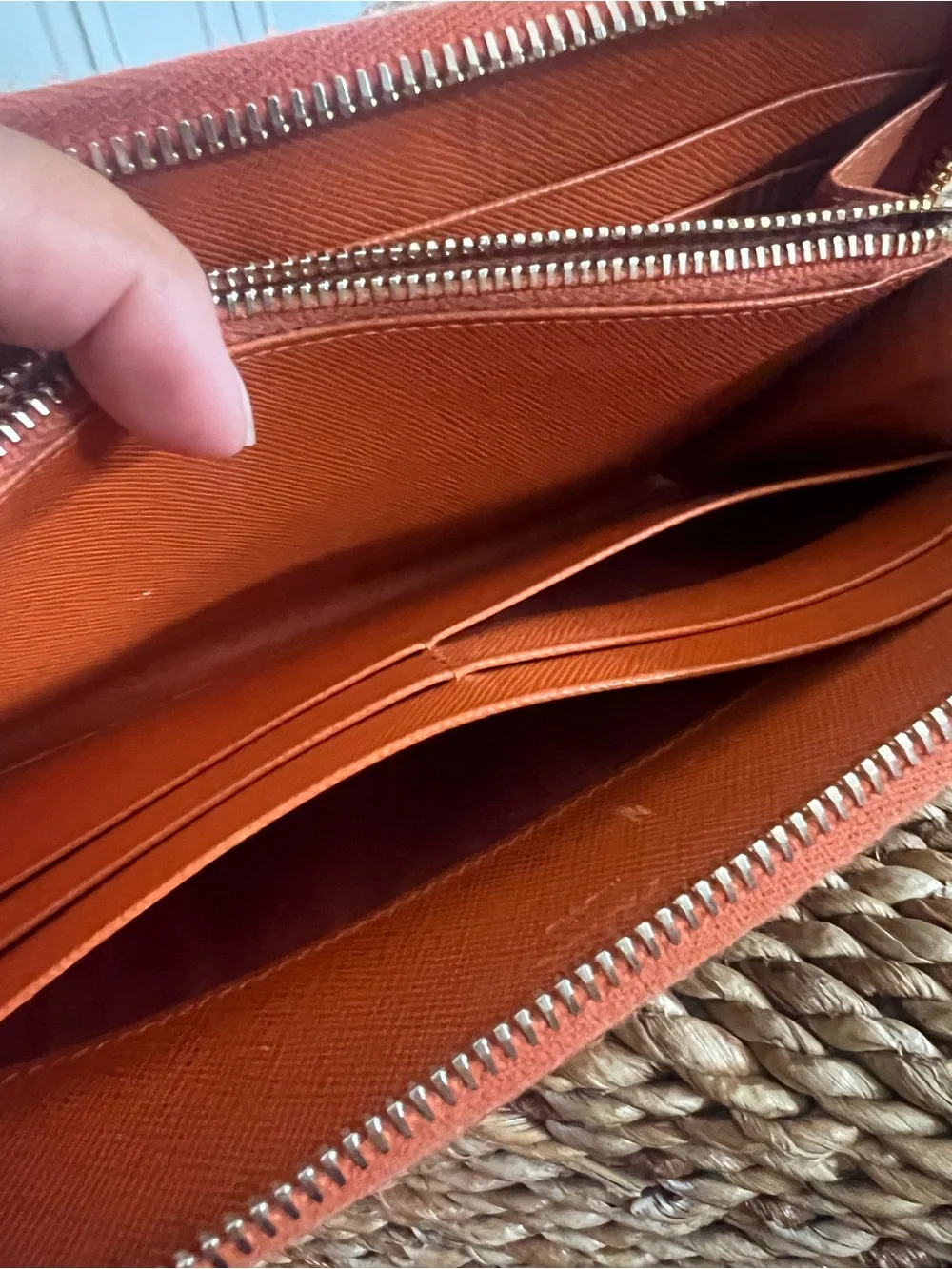 PRADA Orange Saffiano Leather Zip Around Continental Wallet